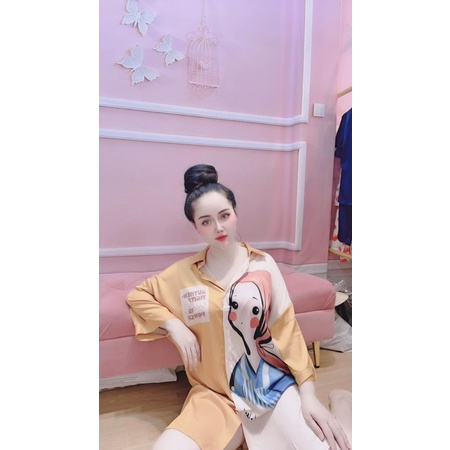 Đầm ngủ sơ mi tay dài lụa satin cao cấp quảng châu 7