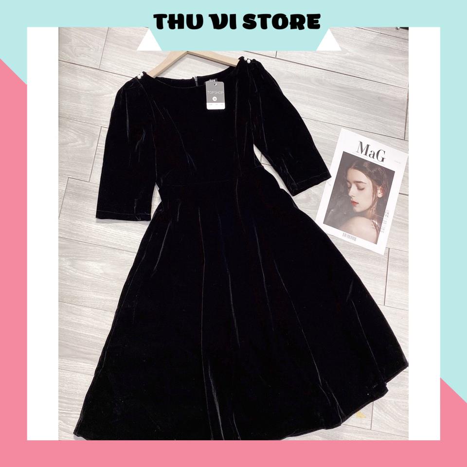 Váy Nhung Nữ, Đầm Nữ Dáng Xòe Cổ Tròn Tay Lửng Đính Nút Vai Chất Nhung Cứng Mịn Đứng Form Màu Đen, Đỏ Siêu Tôn Dáng | BigBuy360 - bigbuy360.vn