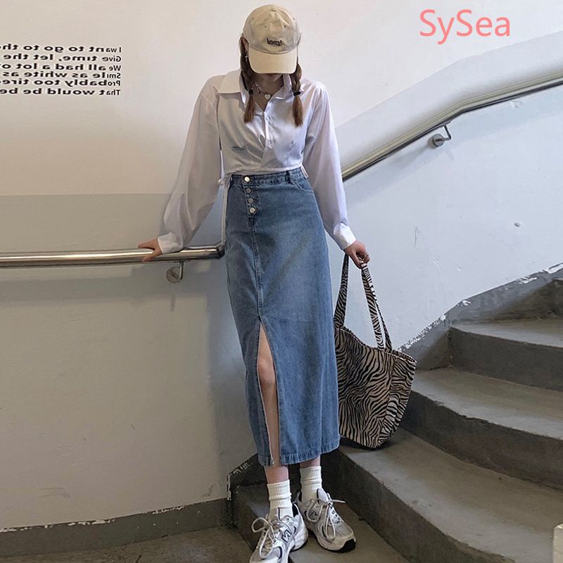 Chân váy jean dáng dài lưng cao thiết kế xẻ tà thời trang dành cho nữ