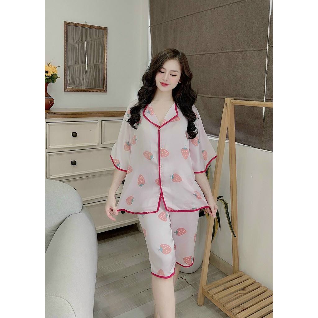 Đồ Bộ Lụa Pijama Quần Lửng Họa Tiết Mới ☘️ Chất liệu SatinĐồ Ngủ Nữ, Đồ Bộ Mặc Nhà