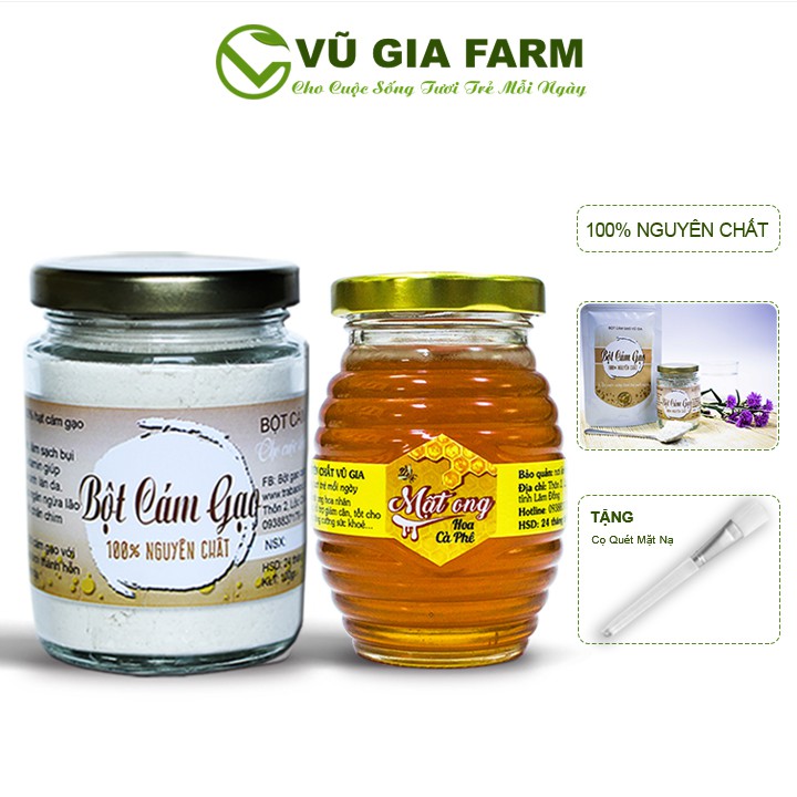 Combo Bột Cám Gạo + Mật Ong Hoa Cà Phê - Nguyên Chất Vũ Gia (100ml/gr/hũ) + Tặng Cọ Quét