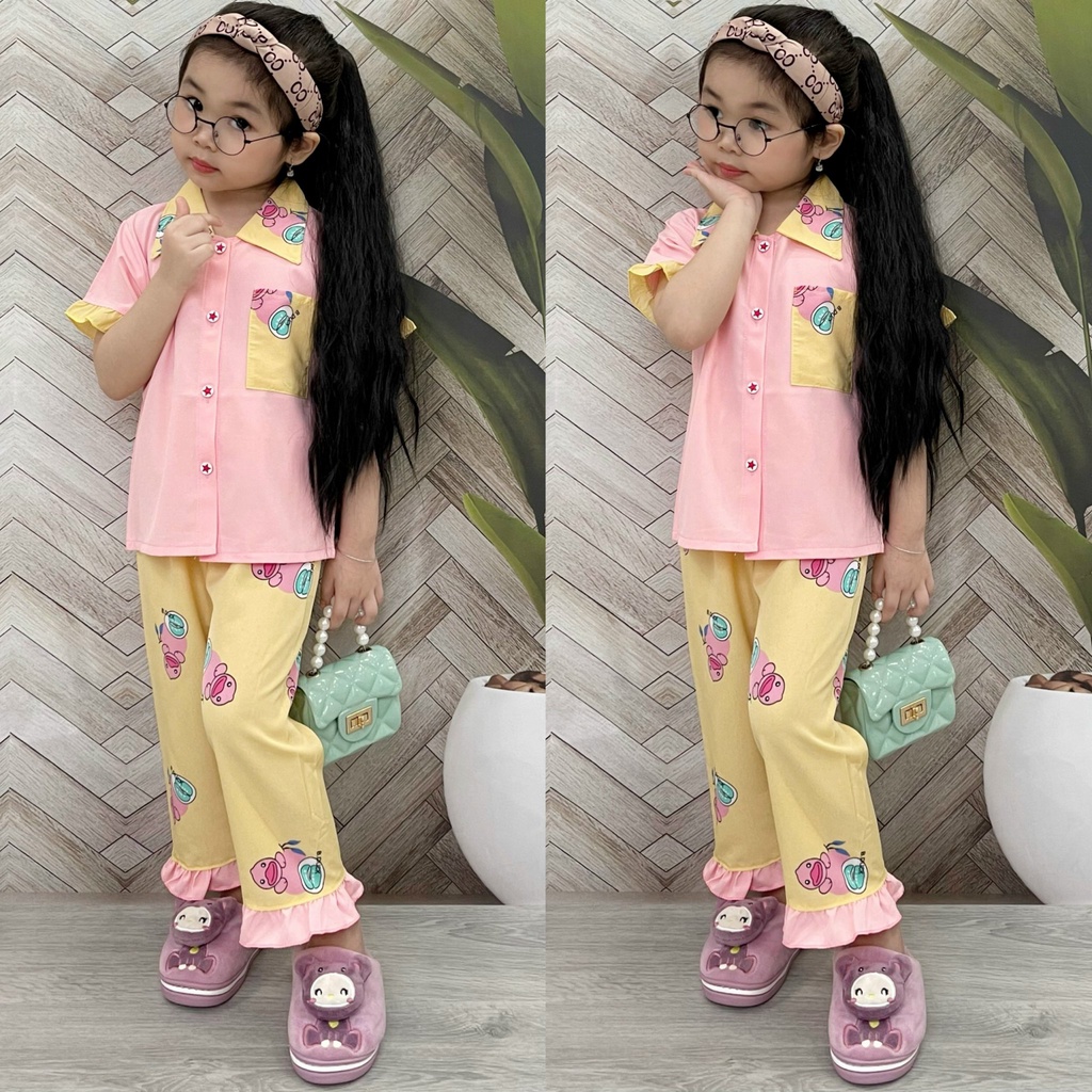 T240 Bộ pijama bé gái tay ngắn quần dài mặc nhà hoạt hình thú dễ thương 11 22kg