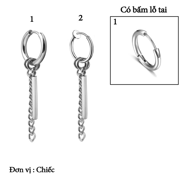 Bông tai nam inox đẹp 1 chiếc kpop kiểu kết phụ kiện hình thanh vuông khoen tròn bấm lỗ tai trangsucpt PTBTNA30 - Shop L