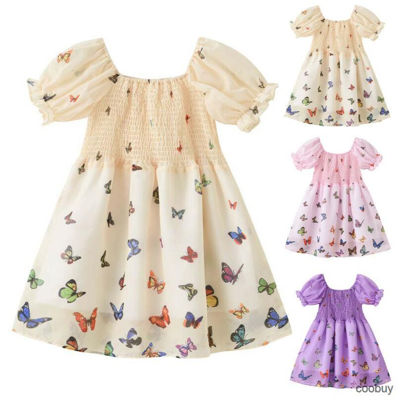 Đầm Xòe Ngắn Tay In Hình Bướm Cho Bé Gái