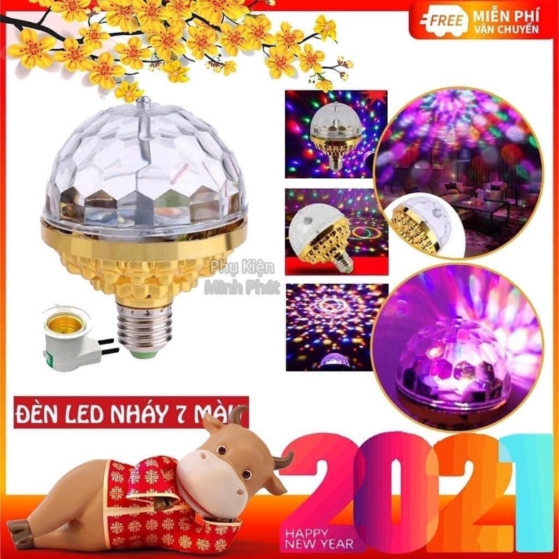 Đèn led xoay 7 màu vũ trường nháy chớp theo nhạc bay phòng sân khấu hiệu ứng 360 độ kèm đui cắm E27