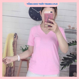 Áo thun nữ cổ tim túi ngực chất cotton giấy mỏng nhẹ, mát mịn