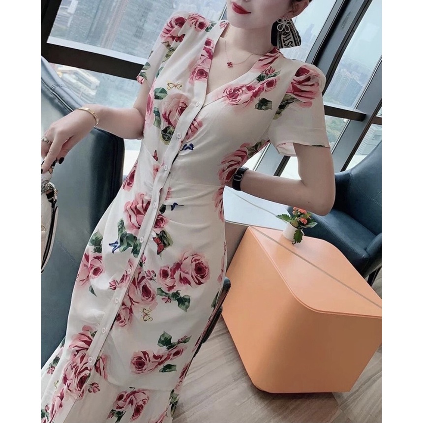 Đầm C.A.T.I Họa Tiết Hoa Hồng - Hàng xuất dư 100%