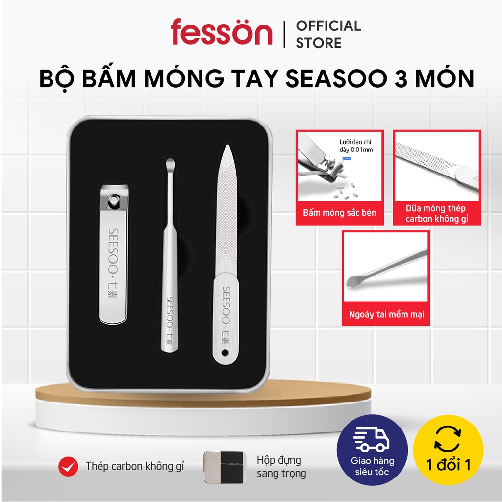 Bộ bấm móng tay SEASOO 3 món, Bộ cắt móng tay thép không gỉ kèm hộp thiếc cao cấp hàng nội địa Trung