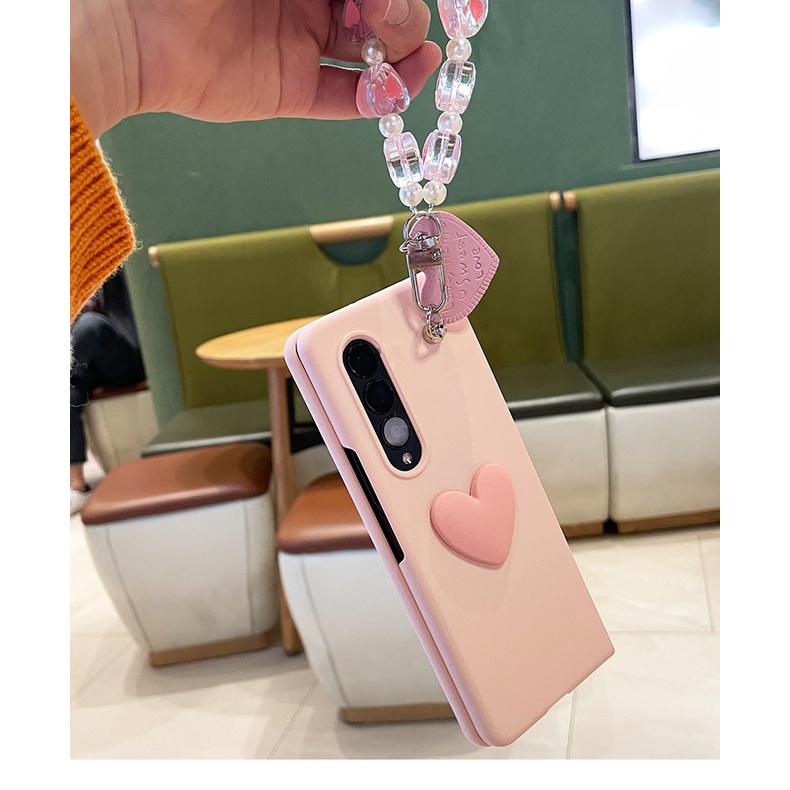 Ôp Điện Thoại Màu Hồng Họa Tiết Trái Tim Phối Dây Đeo Tay Dễ Thương Cho samsung galaxy z fold 5 4 2 3 5g Ốp
