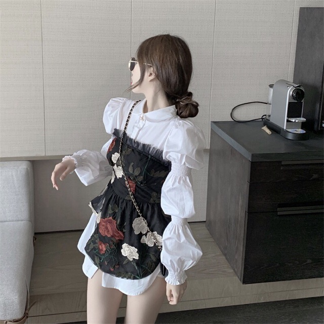 Set Sơmi 2 Lớp Tay Bồng Kèm Áo Cúp Ngực Thêu Hoa Hồng 🌹