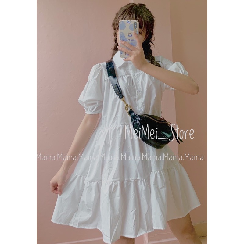 Váy Sơ Mi Babydoll Trắng Ulzzang - Đầm Sơ Mi Cổ Đức 2 màu be + trắng.