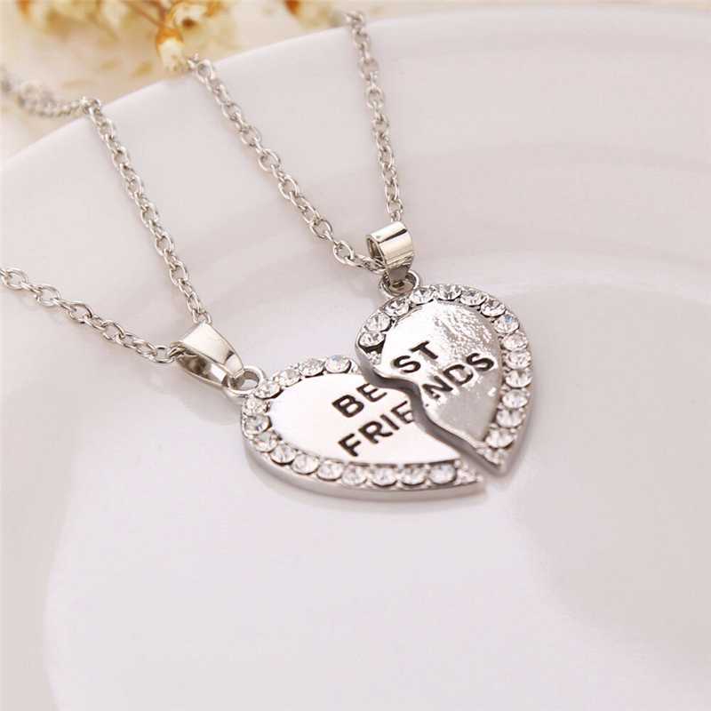 Best Friend Heart Silver Gold Rhinestone 2 Pendants Necklace Bff Friendship Gift Jewelry