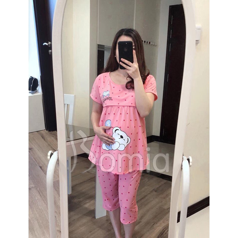 Bộ đồ bầu LỬNG GẤU chất cotton đẹp - bộ bầu kết hợp sau sinh lửng lật ngực cho con bú