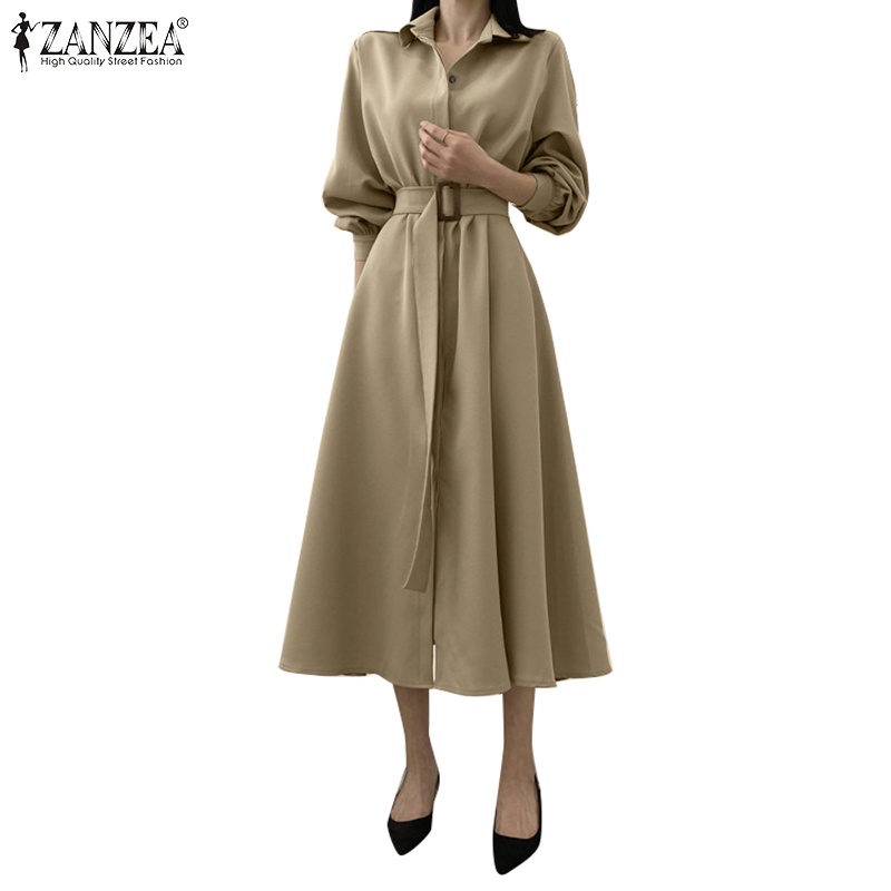 Đầm Zanzea tay dài cài nút có thắt lưng màu trơn phong cách cổ điển thanh lịch