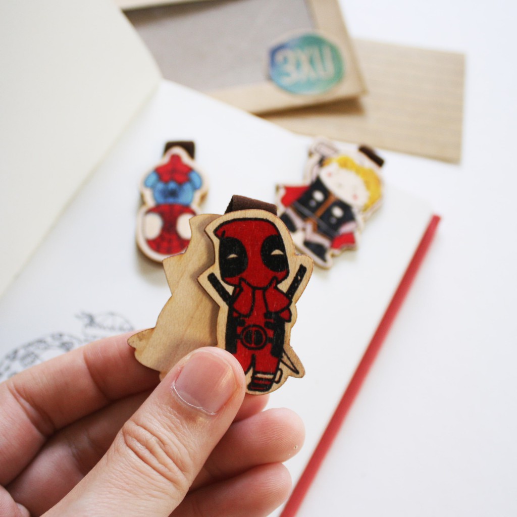 Set 3 Bookmark Gỗ Nam Châm Thor, Deadpool, Spider Man