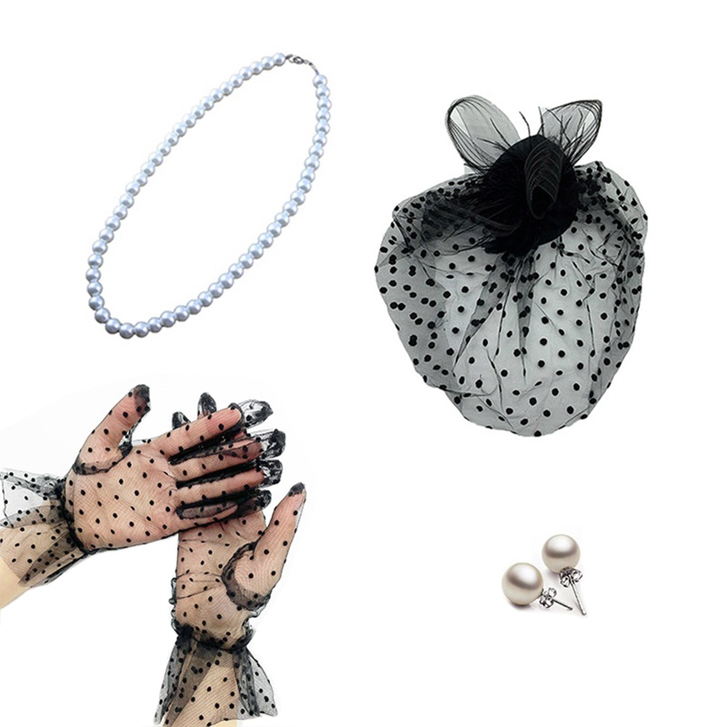 Flgo Găng Tay Ngắn Phối Lưới Đính Lông Vũ Phong Cách Vintage Cho Cô Dâu