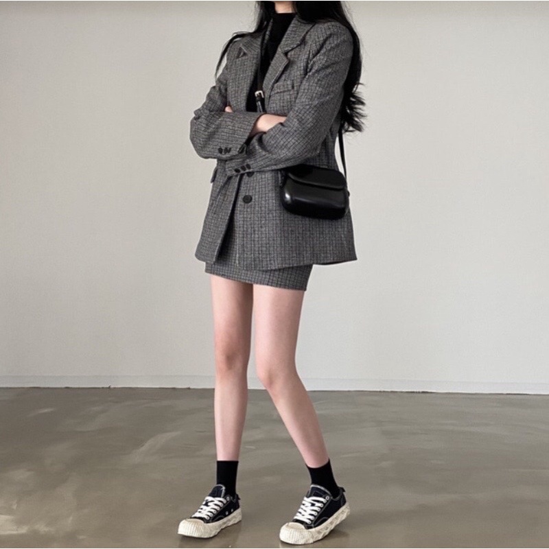 Set áo blazer caro chân váy chữ A