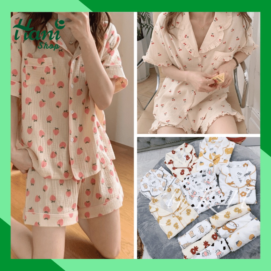 Bộ đồ ngủ nữ cộc tay chất đũi xốp, Bộ đồ ngủ pijama nữ viền bèo chất vải mát