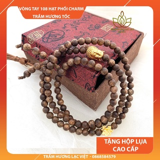 Vòng Tay Trầm Hương 108 Hạt Charm Hoa Sen & Mặt Phật  6/8 mm Trầm Tốc Tự Nhiên Lạc Việt cho Nam Nữ