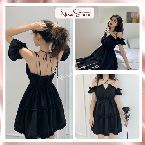 Váy Nữ Trễ Vai Kèm Dây Buộc Cổ Chất Liệu Đũi Mềm Mịn Không Nhăn 02 Màu NinaStore