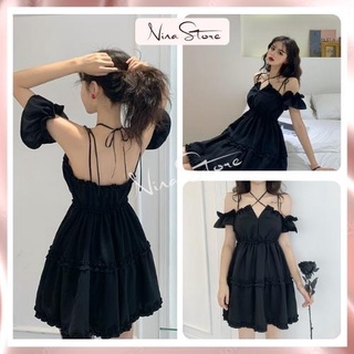 Váy nữ trễ vai kèm dây buộc cổ đầm nữ đen chất liệu đũi mềm mịn không nhăn tiểu thư sexy cá tính NinaStore