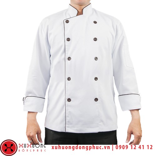 Áo bếp nam tay dài kaki thun trắng viền nâu