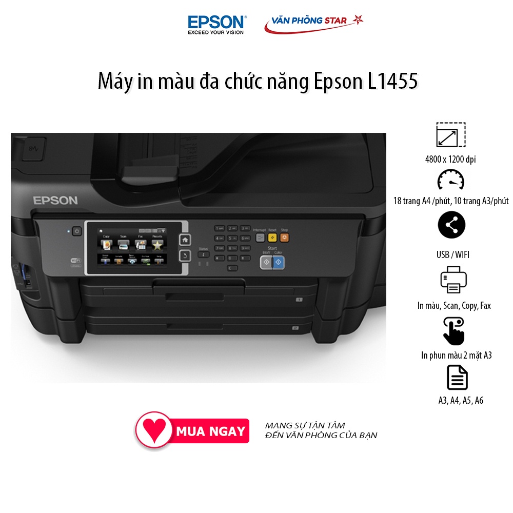 [FREESHIP] Máy in phun đa năng A3 Epson L1455 (In,Scan,Copy, Fax) 18 trang / 1 phút độ phân giải 4800 x 1200 dpi