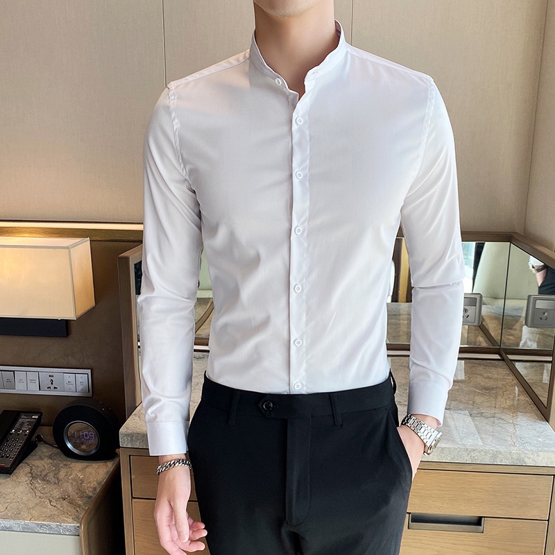 áo sơ mi nam cổ tàu trắng đen dài tay kiểu mới hàn quốc cao cấp công sở , vải lụa trơn không nhăn co giãn nhẹ