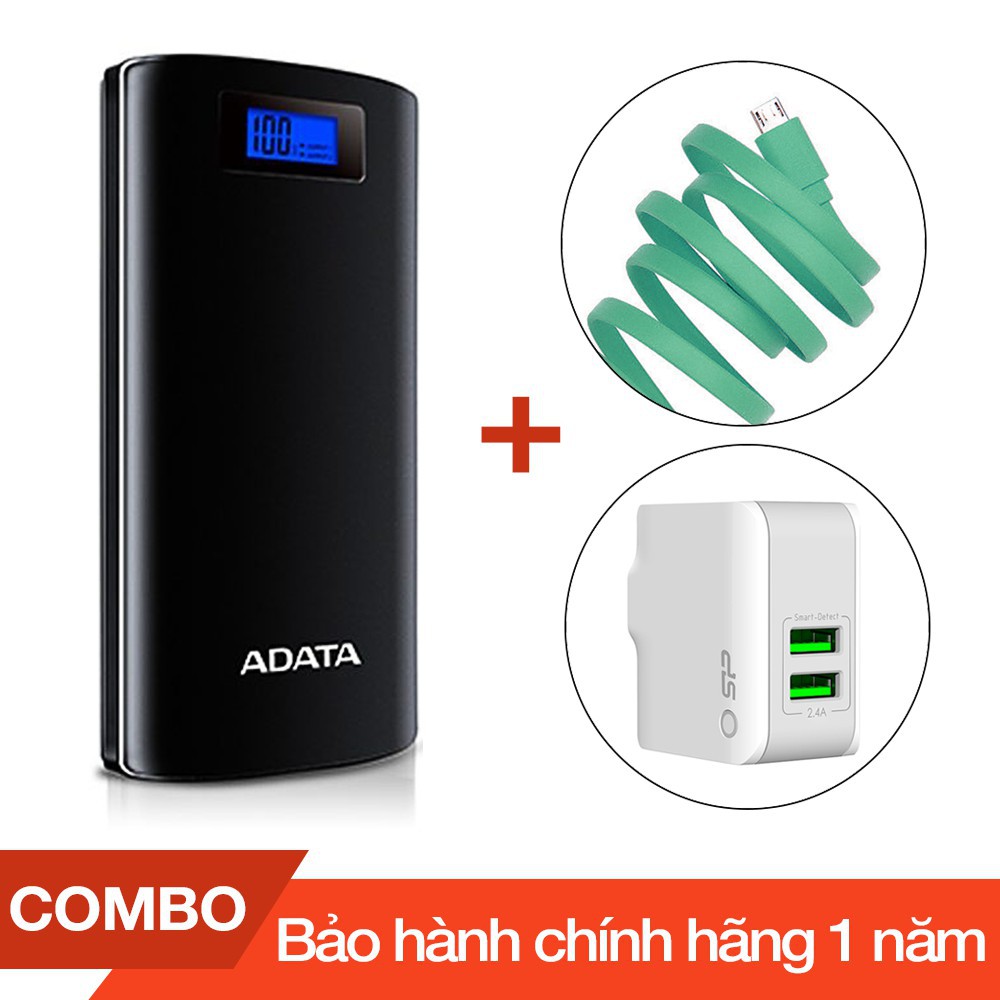 Combo Pin sạc dự phòng 20000mAh P20000D ADATA + Cáp sạc micro USB Romoss dài 1m + Cốc sạc 2 cổng USB 2.4A - Chính hãng