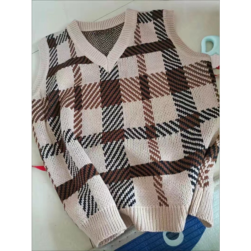 Áo gile len nữ hàn quốc dáng rộng ulzzang cổ v họa tiết kẻ caro mix sơ mi trắng - 038