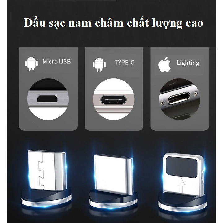 Cáp sạc dây dù, từ hút nam châm đầu Iphone- micro USB - Type C xoay 360 độ dây dù,có LED