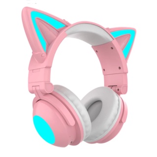 Tai Nghe Chụp Tai Hình Tai Mèo Dễ Thương Màu Hồng Có Kết Nối Bluetooth Kèm Mic Chống Ồn Cho Điện Thoại Android