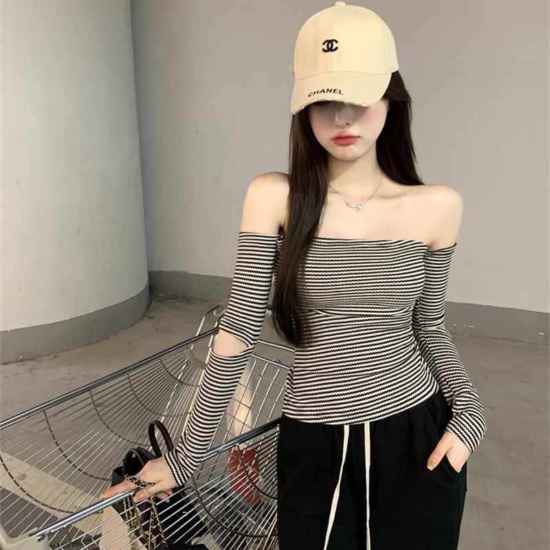 Áo Thun Tay Dài Trễ Vai Kẻ Sọc Thời Trang Mùa Hè Quyến Rũ Dễ Phối Đồ Cho Nữ