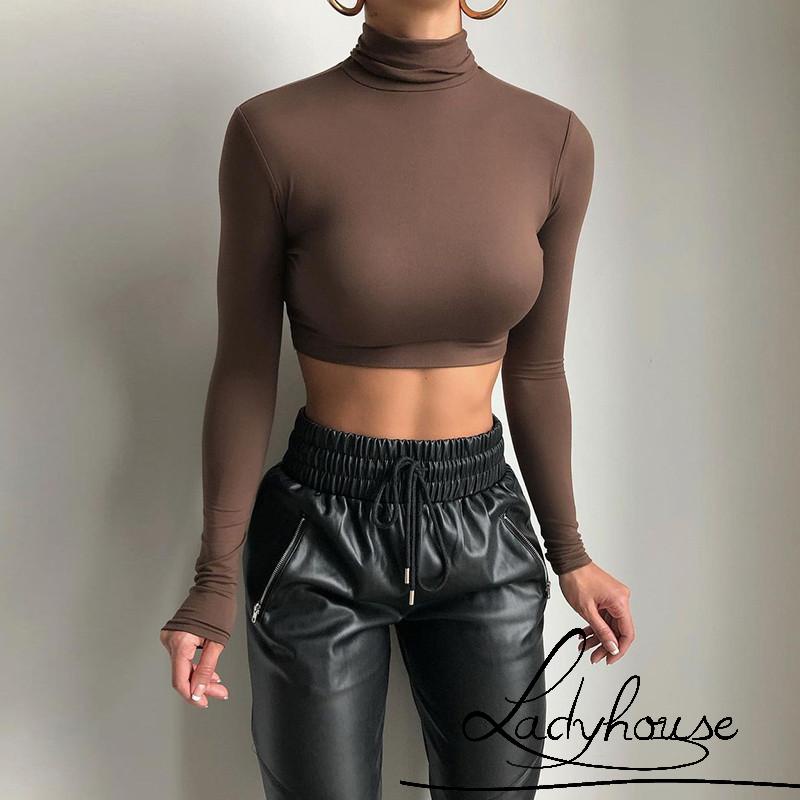 Áo Croptop Tay Dài Cổ Cao Màu Sắc Trơn Dành Cho Nữ