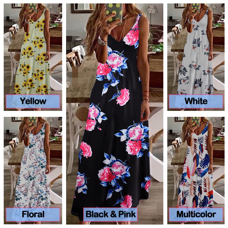 Đầm Maxi Không Tay Cổ Chữ V Dáng Rộng In Họa Tiết Hoa Thời Trang Cho Nữ Size S-5XL