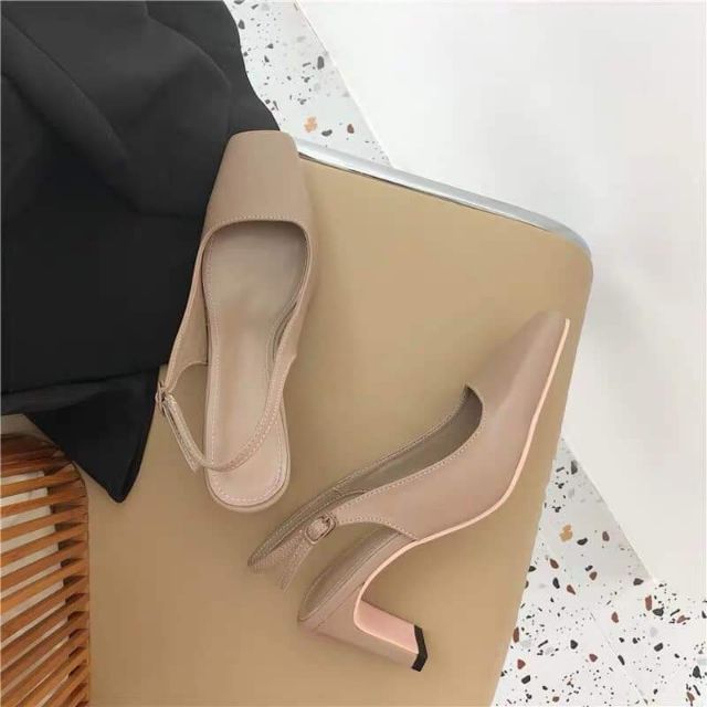 Sandal cao gót da trơn 5p mũi vuông