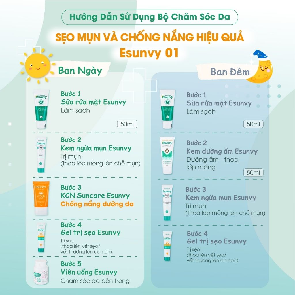 Bộ Chăm Sóc Da Sẹo Mụn & Chống Nắng Hiệu Quả Esunvy - Giúp Sạch Mụn, Hết Thâm, Mờ Sẹo, An Toàn CSDSMCN