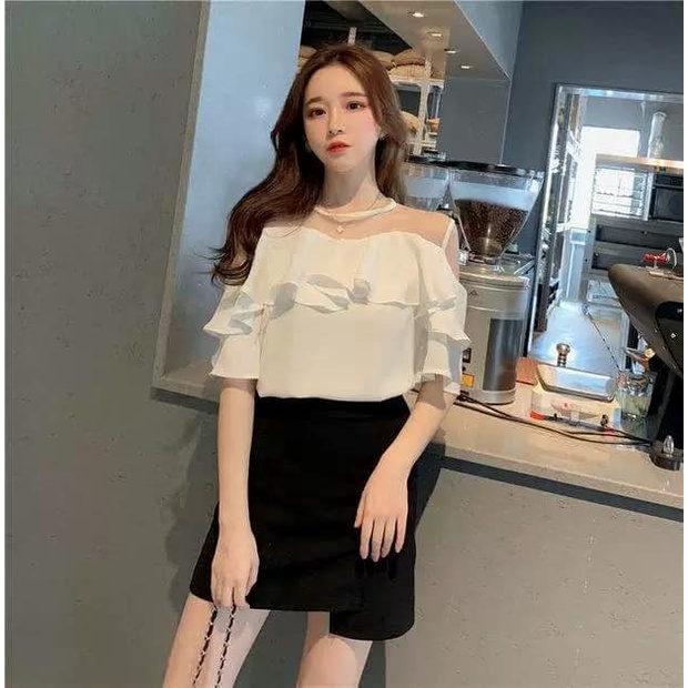 Áo sơ mi nữ pha ren bèo tầng trắng dễ thương