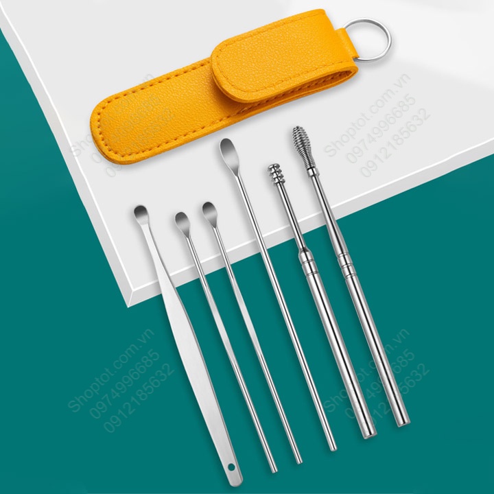 Bộ dụng cụ lấy ráy tai 6 món bằng thép không ghỉ đựng trong bao da tiện lợi