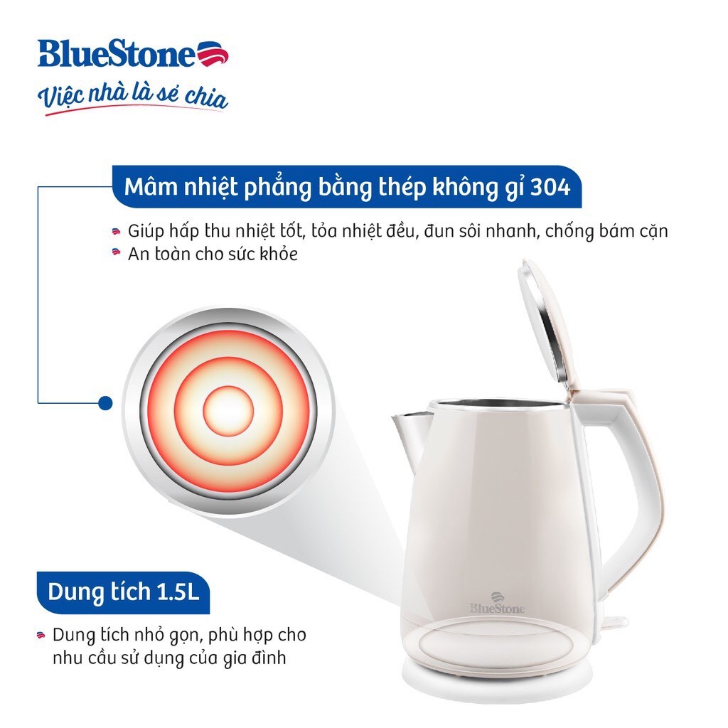 Ấm Đun Siêu Tốc 2 Lớp BlueStone KTB-3351 (1.5L) - Hàng chính hãng - Bảo hành 24 tháng