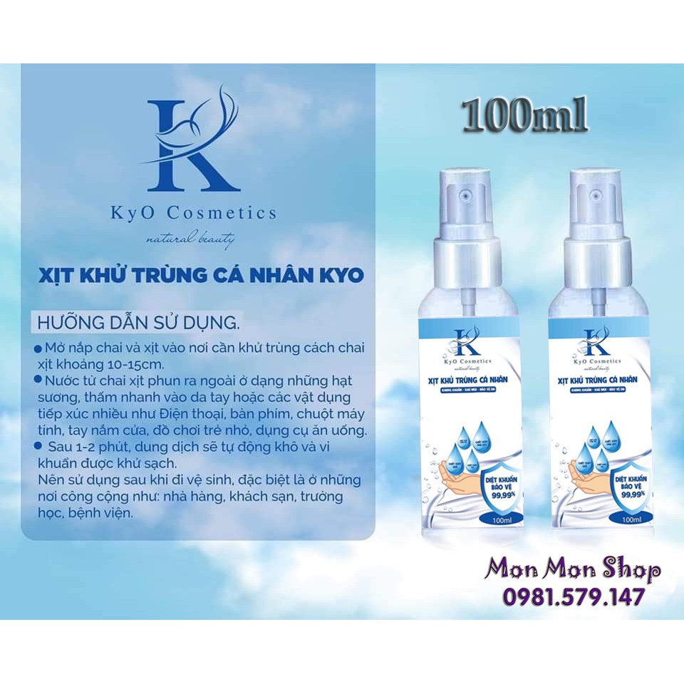 (Chai 100ml) Xịt kháng khuẩn và rửa tay khô Kyo Cosmetics | BigBuy360 - bigbuy360.vn