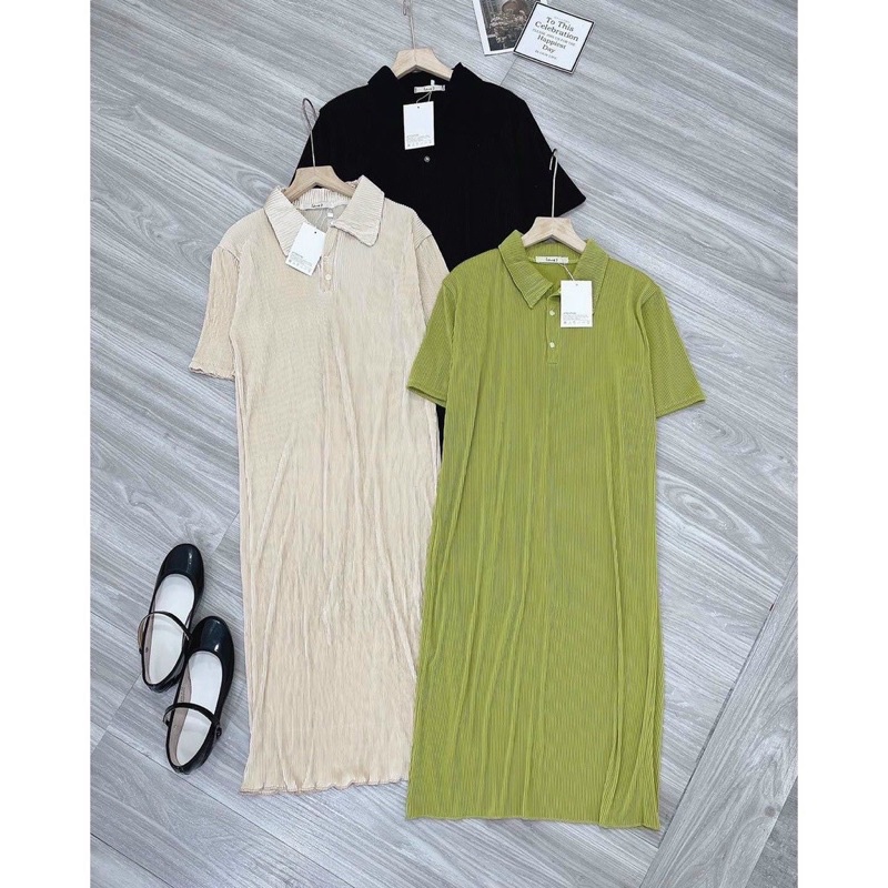 Đầm dáng suông cổ polo siêu xinh, Váy suông dáng dài chất tăm cổ bẻ