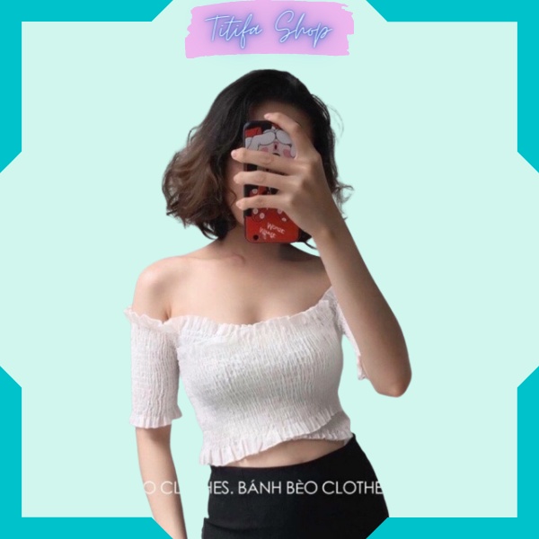 Áo Croptop Trễ Vai Nhún Đắp Chéo Chất Liệu Voan Co Giãn Nhẹ - Titifa Shop