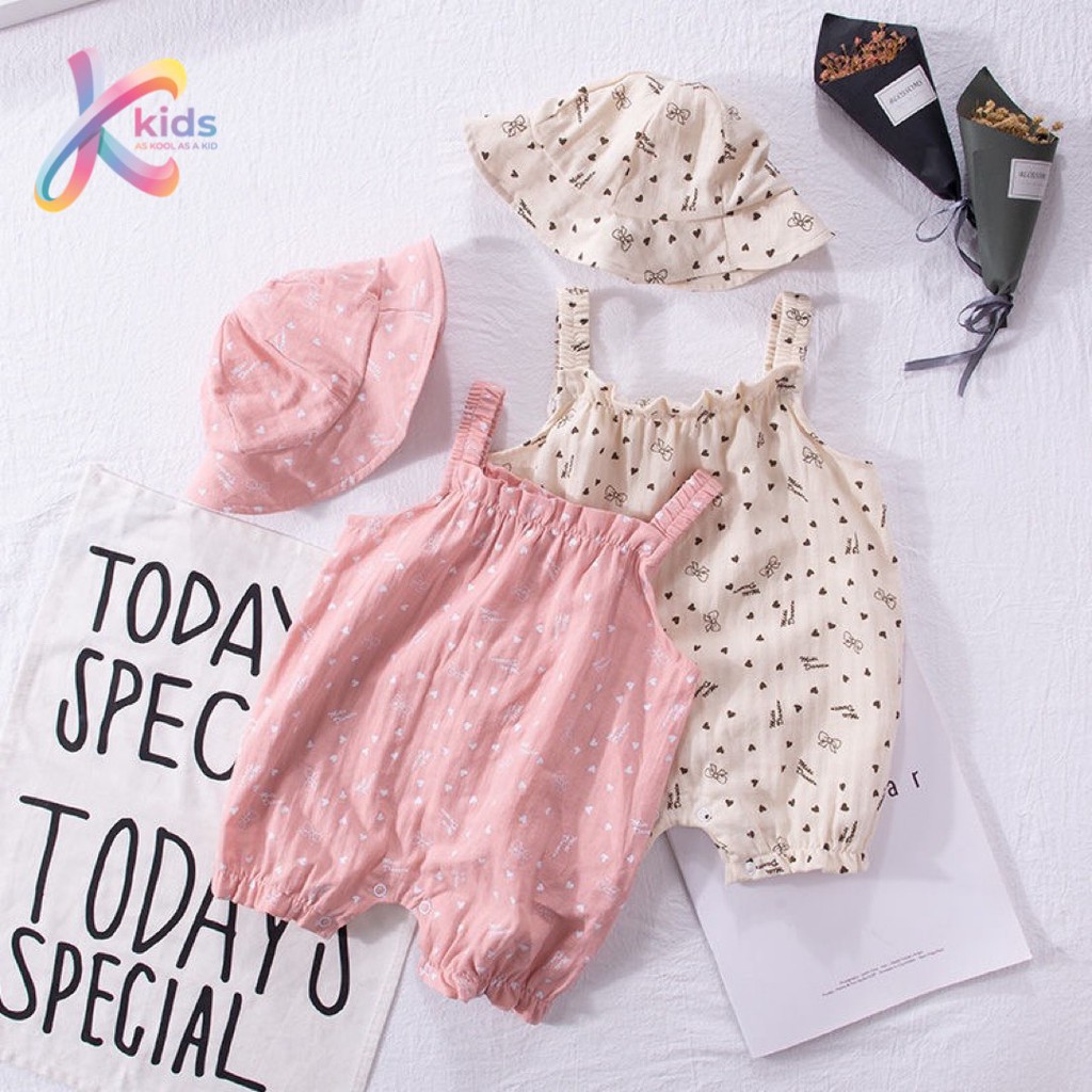 Set yếm jumpsuit kèm mũ vành cho bé gái