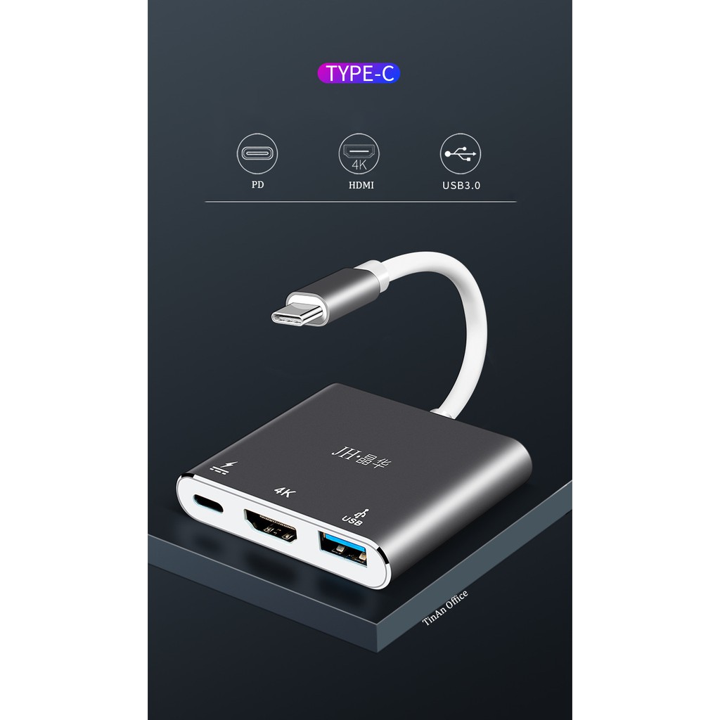 Bộ Adapter cáp chuyển Type-C sang HDMI 4K/USB3/TypeC, 3 trong 1 cho Macbook, iPad