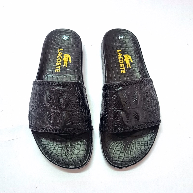 Dép Da Nam Quai Ngang 1 Bản Da Bò Thật In Dập Vân Cá Sấu Sang Trọng