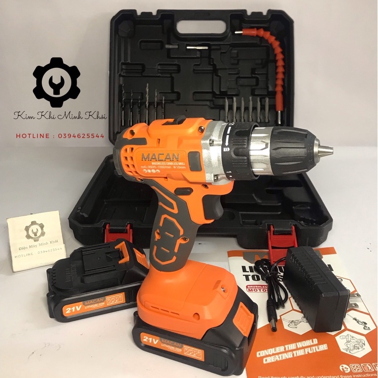 Máy khoan pin không chổi than 10MM MACAN 21V - Chân pin thông dụng |Khoan từ cầm tay động cơ không chổi than