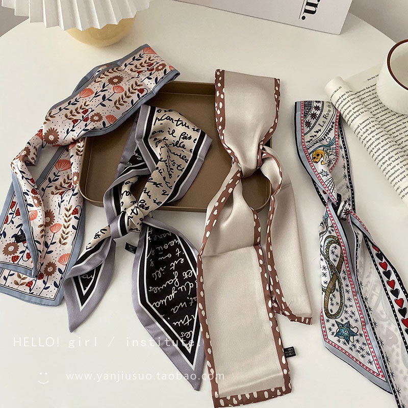 Khăn Choàng Cổ Dài Bằng Lụa Mỏng Họa Tiết Kẻ Sọc Thắt Nơ Dễ Phối Đồ Trang Trí Túi Xách Phong Cách Hàn Quốc
