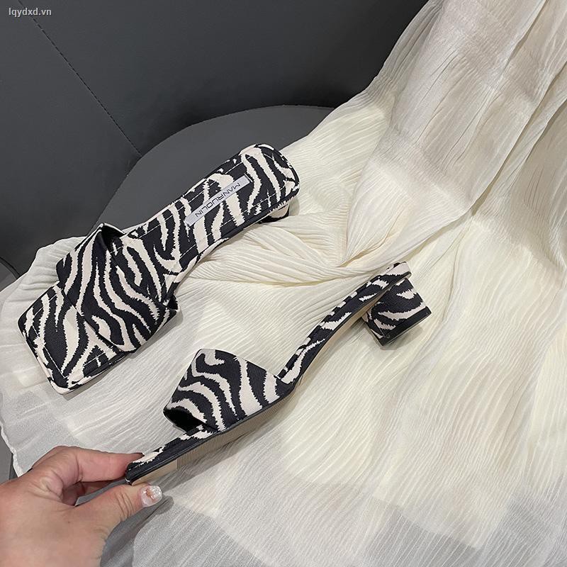 ❉slippers female summer wear mid-heel fashion net red shoes 2021 new INS trend zebra pattern square head sandals
