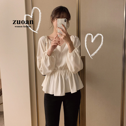 SUXI Áo Sơ Mi Tay Dài Cổ Chữ V Màu Trơn Thiết Kế Đơn Giản Phong Cách Hàn Quốc